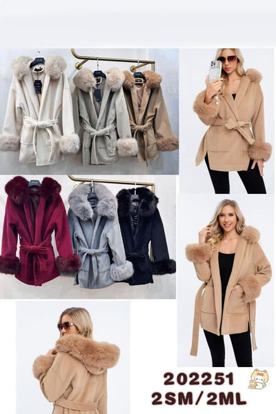 Black Faux Fur Fluffy Cuffs Hooded Belted Coat - Beyond paradise