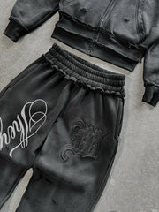 2 Pcs Outerwear Co-ords Y2K Letter Sweatsuit Distressed Patchwork Embroidered Double Hood Tracksuit Streetwear Unisex Baggy Set