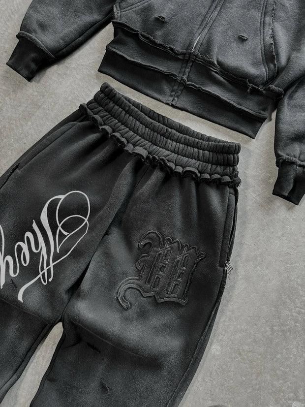 2 Pcs Outerwear Co-ords Y2K Letter Sweatsuit Distressed Patchwork Embroidered Double Hood Tracksuit Streetwear Unisex Baggy Set