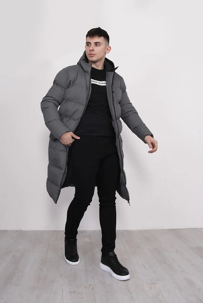 Mens Grey Longline Hooded Puffer Coat