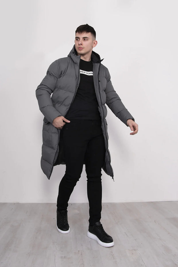 Mens Grey Longline Hooded Puffer Coat