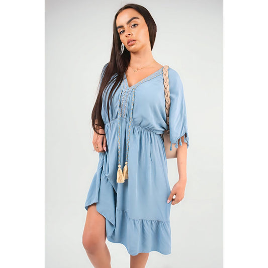 Short Sleeve Midi Dress with Tassel Detail