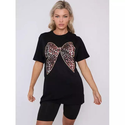 Leopard Print Bow Graphic Printed T-Shirt - Beyond paradise