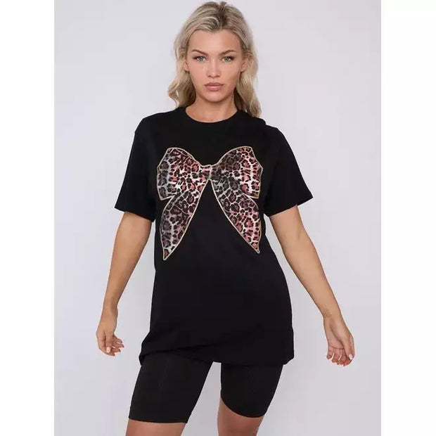 Leopard Print Bow Graphic Printed T-Shirt - Beyond paradise