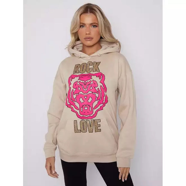 Rock Love Tiger Graphic Print Hoodie