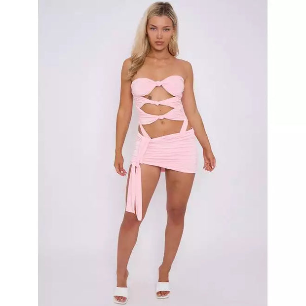 Cut Out Knot Front Bandeau Bodysuit & Mini Skirt Co-ord - Beyond paradise