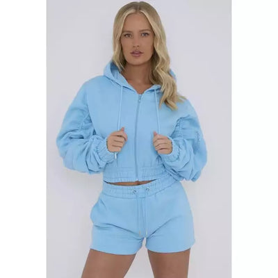 Cropped Zip Up Ruched Sleeve Hoodie & Shorts Fleece Co-ord - Beyond paradise