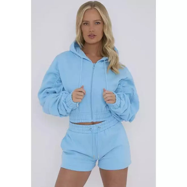 Cropped Zip Up Ruched Sleeve Hoodie & Shorts Fleece Co-ord - Beyond paradise