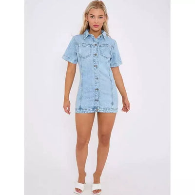 Short Sleeve Button Down Mini Denim Shirt Dress - Beyond paradise