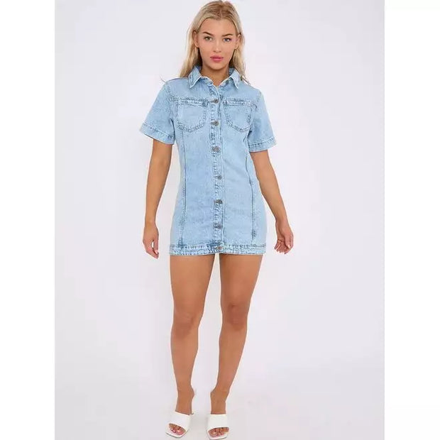 Short Sleeve Button Down Mini Denim Shirt Dress - Beyond paradise