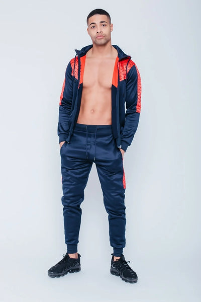 Mens Navy Chevron Panel Hooded Skinny Tracksuit
