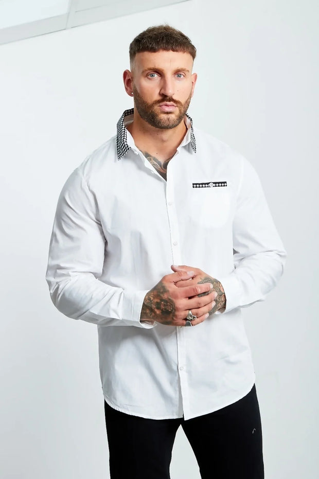 Mens Shape Printed Collar White Long Sleeve Shirt