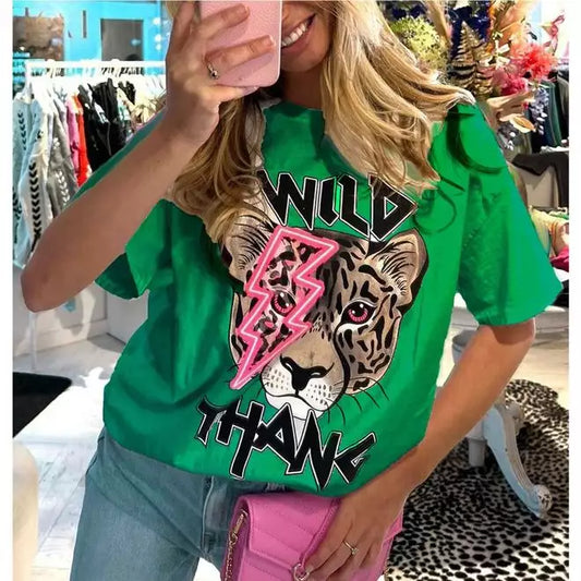 GREEN WILD THANG TIGER SLOGAN OVERSIZED T-SHIRT