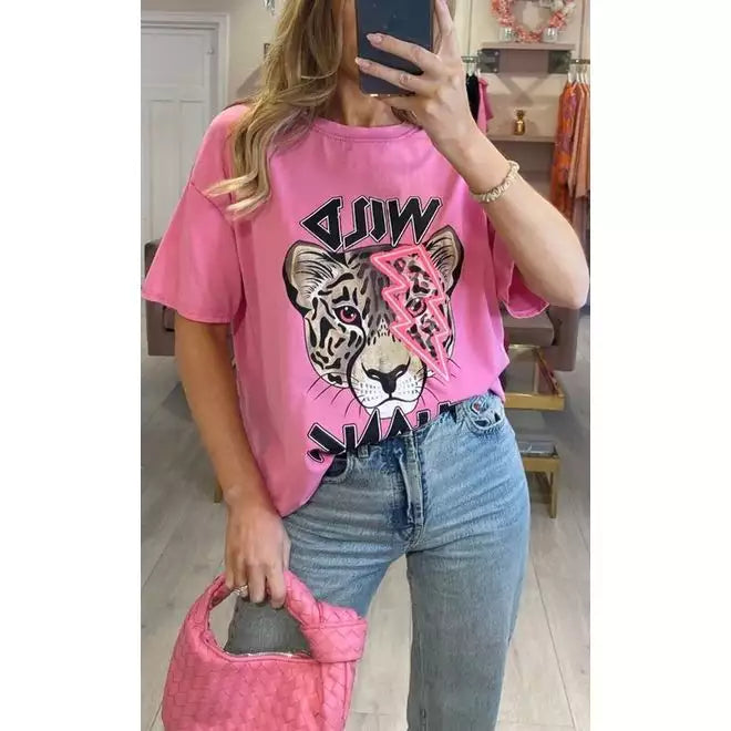 CERISE WILD THANG TIGER SLOGAN OVERSIZED T-SHIRT