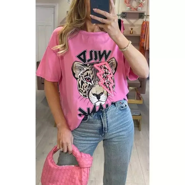 CERISE WILD THANG TIGER SLOGAN OVERSIZED T-SHIRT - Beyond paradise