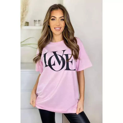 BABY PINK LOVE PRINT SLOGAN OVERSIZED T-SHIRT - Beyond paradise