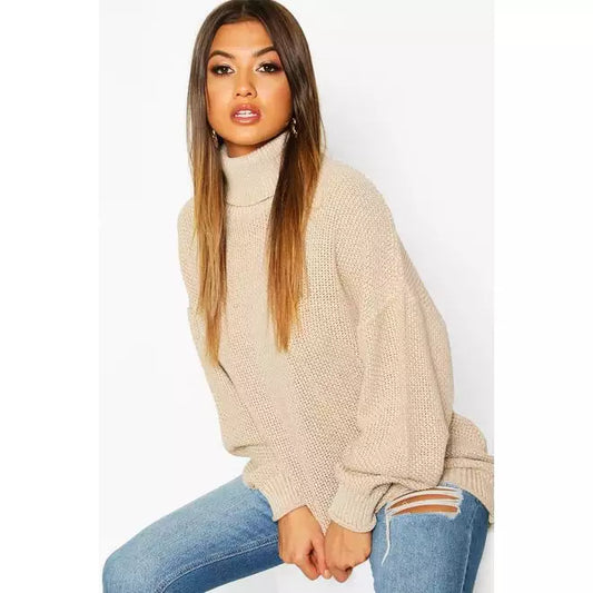BEIGE KNITTED HIGH NECK OVERSIZED JUMPER DRESS
