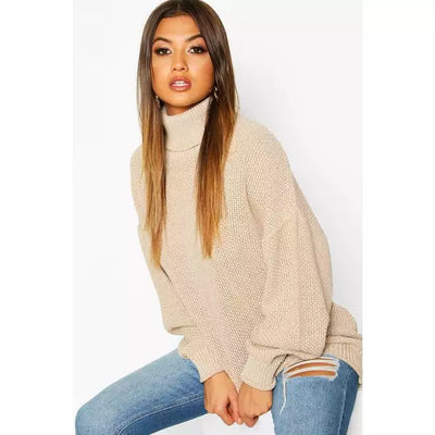 BEIGE KNITTED HIGH NECK OVERSIZED JUMPER DRESS - Beyond paradise