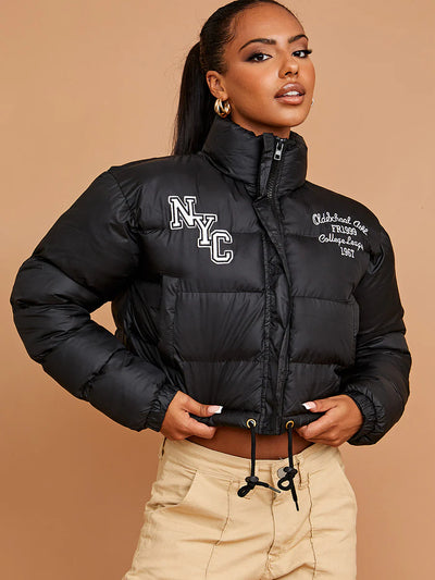 NYC Embroidered Cropped Puffer Jacket