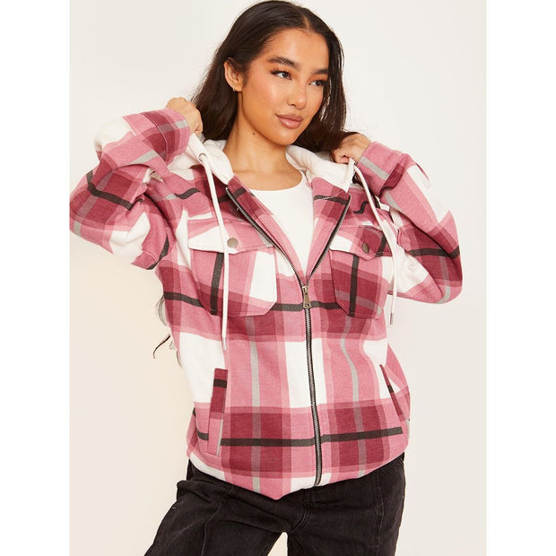 Thick Checked Shacket With Zip & Hood