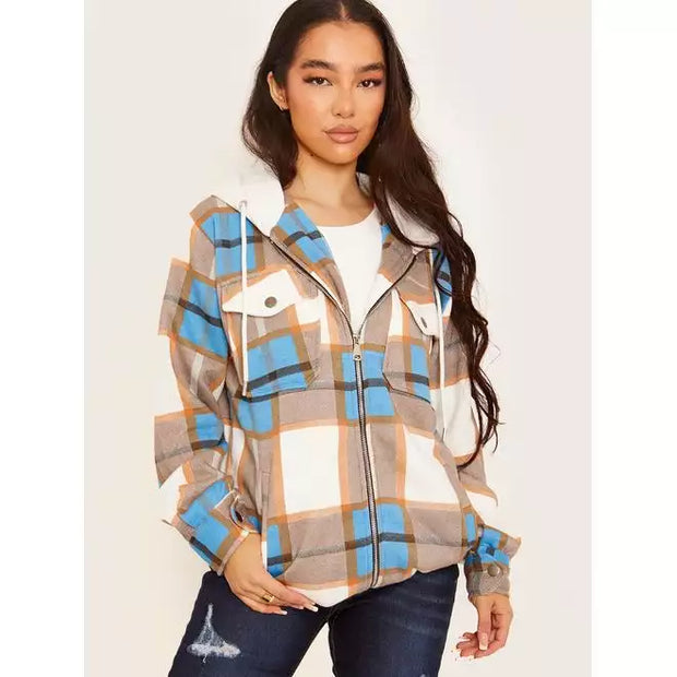 Thick Checked Shacket With Zip & Hood