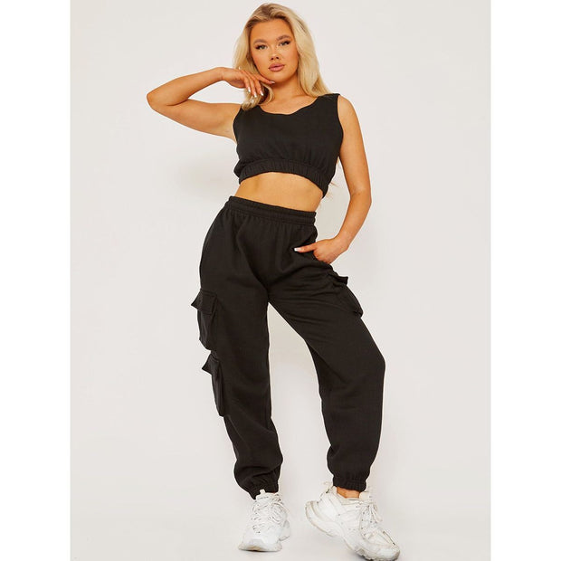 Fleeced Crop Top & Cargo Jogger Co-ord-Fuchsia